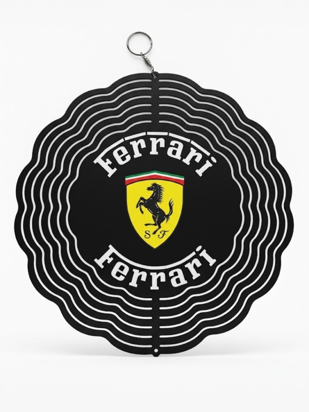 10" Ferrari Shield Logo Kinetic Wind Spinner - Black Metal Hanging Yard Decor